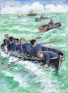 Four oars pulled shoreward, while Billy Bunter leaned over the gunwale.