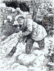 Spots of perspiration came out on his fat brow as he laboured with the broom and the snow.