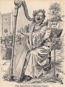 THE ARCH-DRUID OF DOWNING STREET. Our representative at the Eisteddfod writes: "Mr. Lloyd George then obliged with 'Land of my Fathers.' The Chancellor of the Exchequer, in his rendition of the famous land song, gave its full site value to every note."