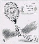 The Tennis grip: Beginning today Miss Wimbledon will give daily demonstrations of how to hold the racket. Image.