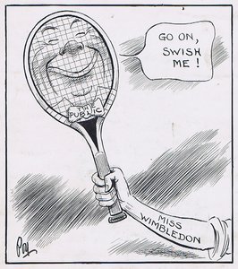 The Tennis grip: Beginning today Miss Wimbledon will give daily demonstrations of how to hold the racket.