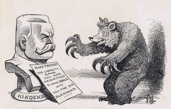 HEADS AND NAILS   THE BEAR: "SOME DAY I'LL OBLIGE." (A giant statue of Von Hindenburg is being erected in Berlin into which nails are to be driven for charity.)