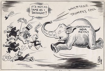 THE GREY ELEPHANT. Much consternation was caused when Rosti the elephant broke loose at the circus Ball at the Grosvenor House last night.