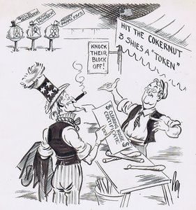 "BANK" HOLIDAY. Knock 'em off, Sam! Three shies for a clearing house certficate. Knock 'em off! (To meet the complete paralysis of banking services President Roosevelt has authorised the issue of Clearing House Certificates to be accepted as currency.) 