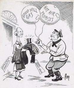 FIFTY-FIFTY. The master's suit for  two balloons! (In the Angl-Soviet trade agreement which was signed yesterday in London we made very real concessions in exchange for what must appear highly problematical ones.) 