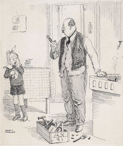 FOND FATHER: (ceasing his plumbing operations - and with best intentions) "Come on, let daddy pull that tooth out with his pincers, you don't want to go to a cruel dentist do you?"