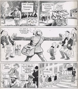 Cartoons- 1: We'll soon have plenty of practical training camps. 2: Making a fish story out of the official report of the submarine attack. 3: Everybody is trying to invent a name for the American soldier 4: Judge Santis calls the slackers to the coolers.