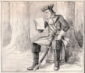 ORANGE TRIUMPHS. "What will they say in England?"  Sir Bombasts Furioso Carson (reading report from the field of battle): A Home Rule workman has been soundly whacked, Two ice-cream shops our gallant troops have sacked!