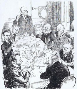 Setting An Example. (Our notion of a nice little lunch-party given to the War Cabinet by the Minister of Food.) "Now, Boys, more potatoes, less shaving, no new clothes, every man his own roof-spotter, and here's luck to 1941!"